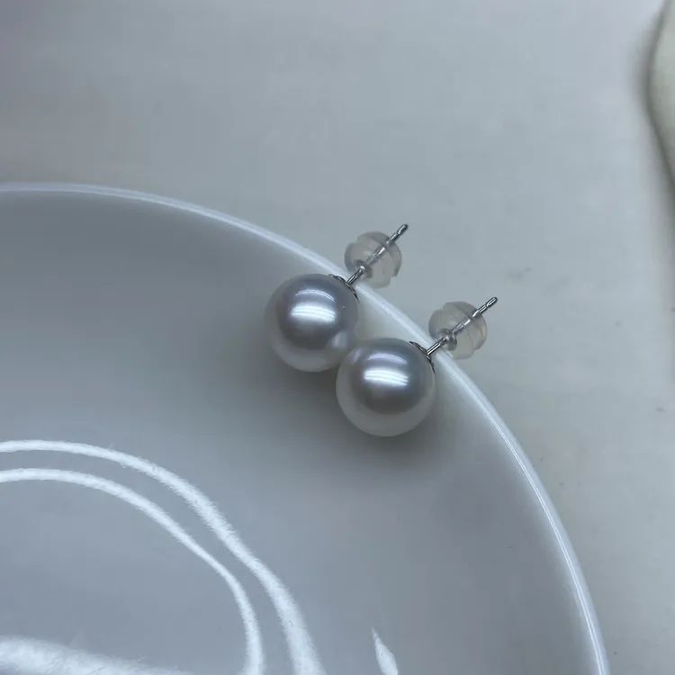 天然海水澳白微冷光18k白金耳钉9-10mm强光无暇孤品特价