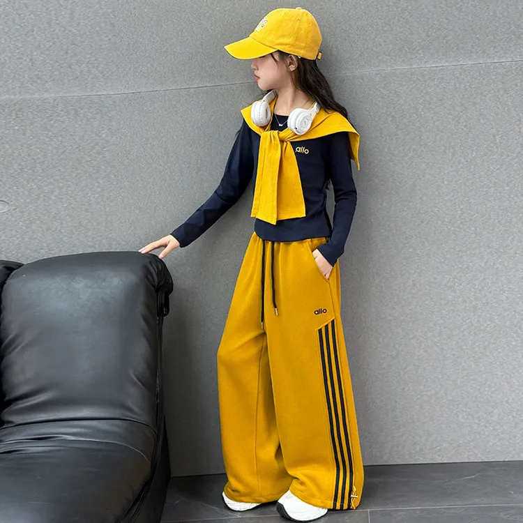 潮酷女童卫衣套装春秋新款韩版时尚带披肩上衣休闲工装裤三件套潮