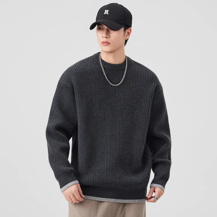 760G重磅毛衣男秋冬季复古慵懒风圆领加厚保暖假两件针织衫外套男