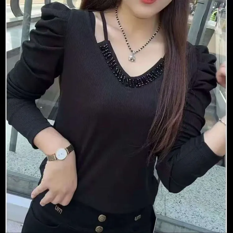 丽姐家螺纹修身型长袖柔软保暖褶皱T恤时尚V领拼接假两件显瘦大码