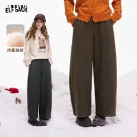 妖精的口袋复古咖色加绒阔腿裤女2025年冬季新款宽松休闲直筒裤子