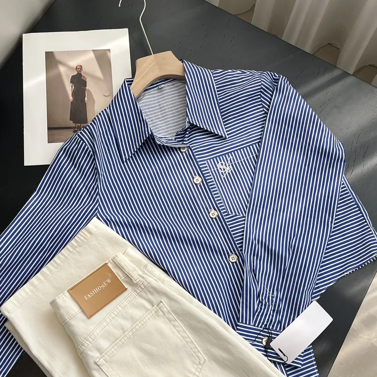 翻领单口袋刺绣条纹系带长袖衬衫女休闲通勤设计感衬衣秋