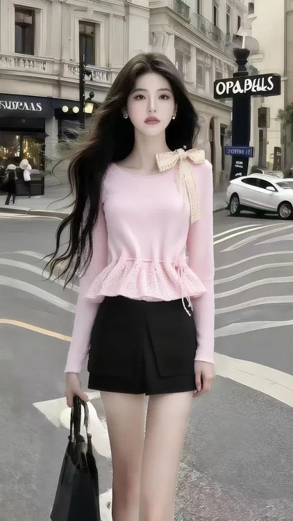 韩版早秋慵懒氛围感穿搭粉色圆领蝴蝶结绑带长袖上衣+黑色短裤女