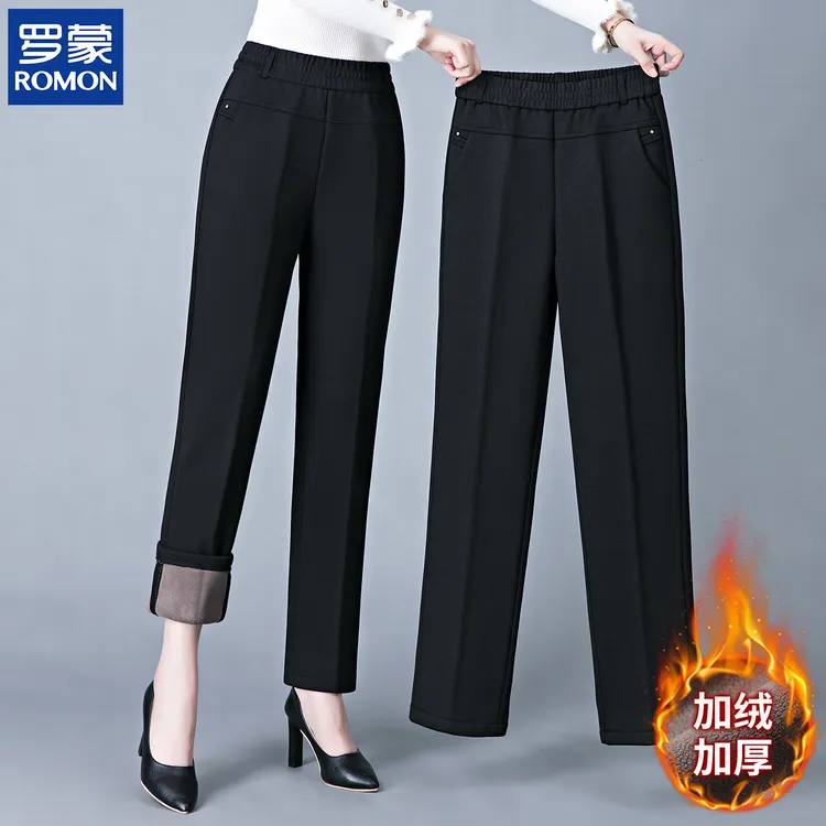 罗蒙妈妈冬装加绒加厚直筒裤新款松紧高腰长裤冬季中老年女休闲裤