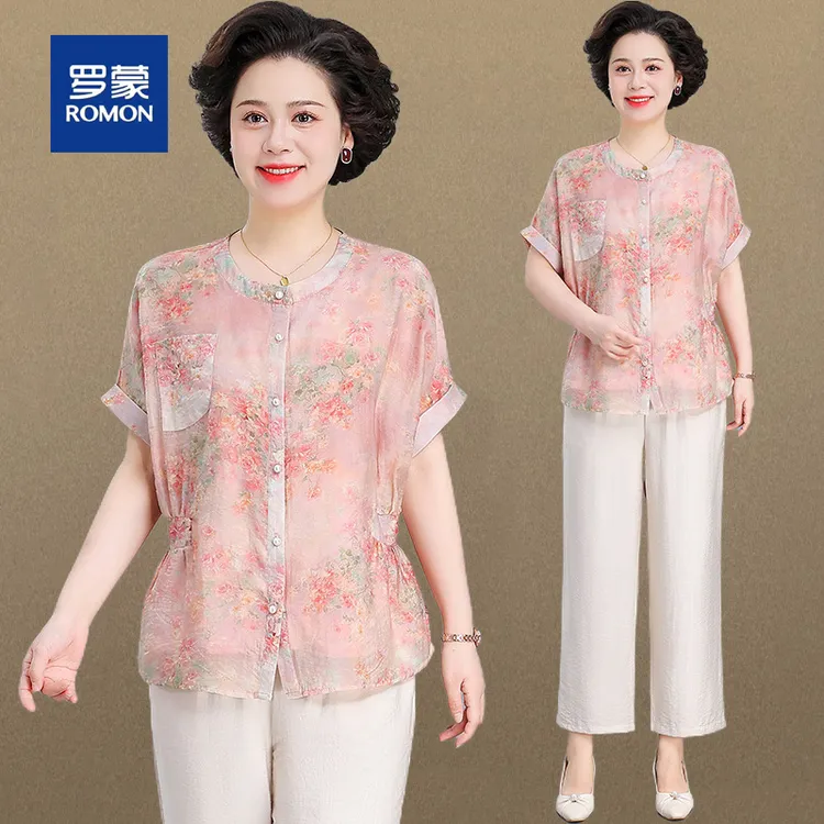 罗蒙中老年时尚印花短袖妈妈套装女夏季新款宽松洋气薄款小衫女