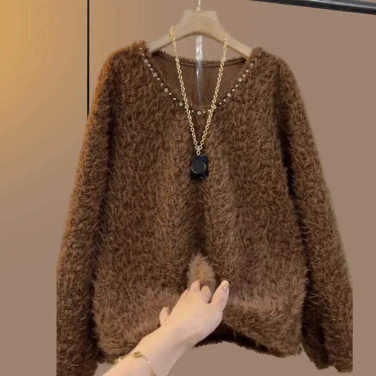 秋冬季大码女装胖妹妹洋气遮肉显瘦宽松百搭时尚简约咖色毛毛大衫