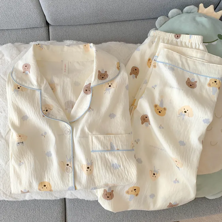 云朵纯棉纱睡衣女长袖长裤春秋款套装可爱小狗少女开衫家居服夏季