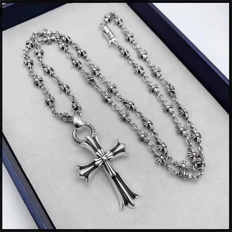 坠链均925银 克罗心复古做旧十字架吊坠十字花项链男女个性毛衣链