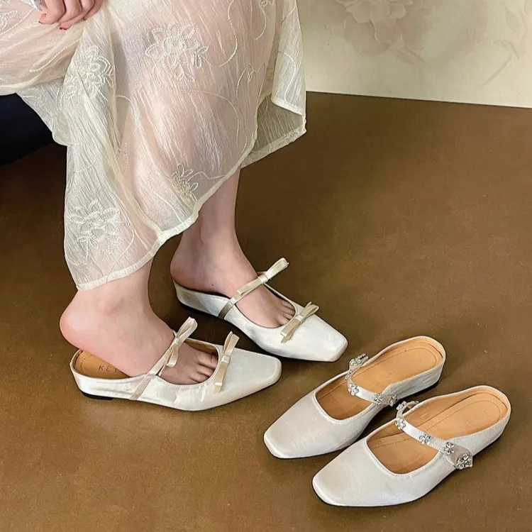 美猫汇真皮底2025年法式蝴蝶结温柔小个子内增高包头半拖鞋女外穿