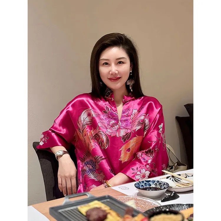 2025夏超火新中式国风复古别致减龄气质显瘦设计感独特玫红色衬衫