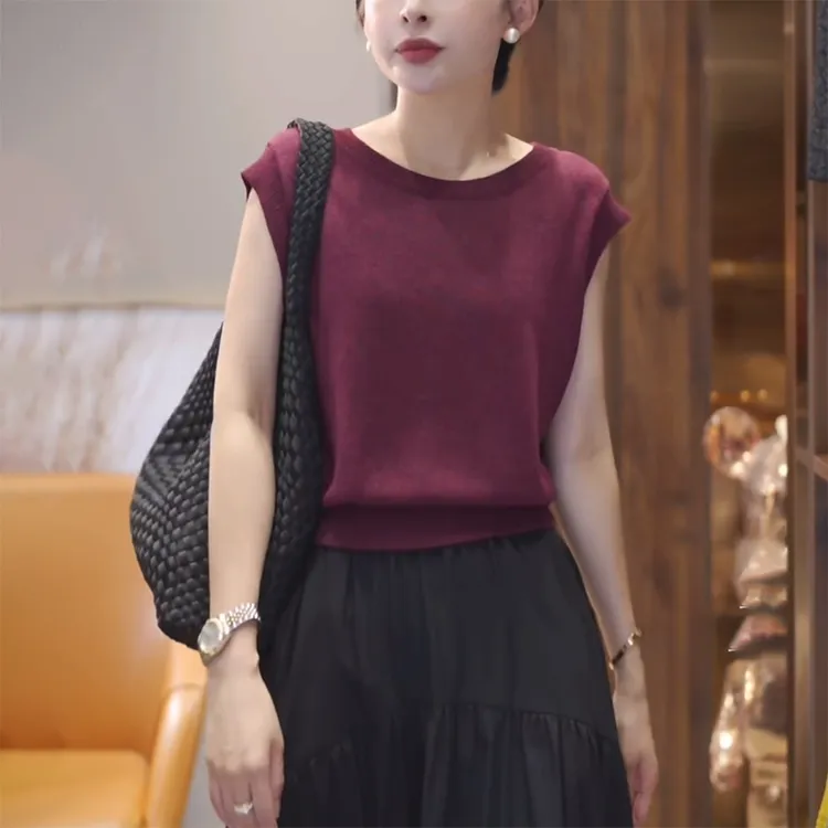 红色无袖冰丝针织衫女士夏2025新款时尚洋气宽松坎肩圆领背心上衣
