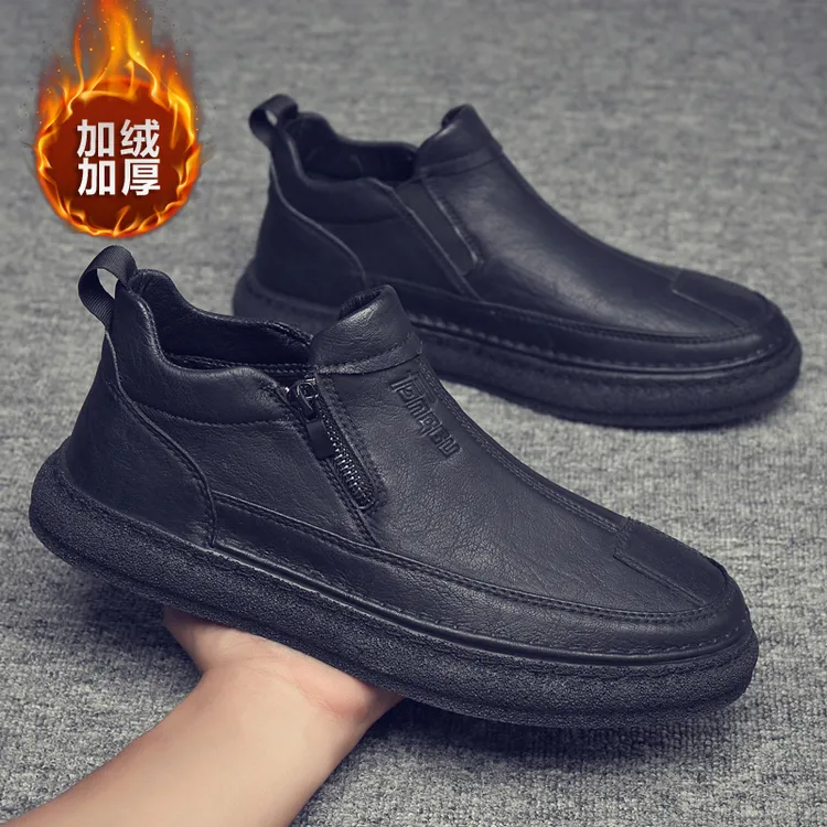 男鞋冬季加绒保暖棉鞋英伦风一脚蹬厨师工作防水防滑男士休闲皮鞋