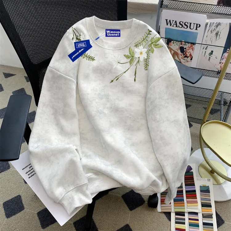 重工刺绣花卉圆领薄款春秋季2025新款卫衣男款宽松套头情侣装上衣