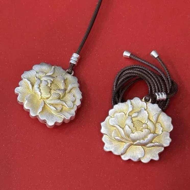 吊坠足银 足银999描金牡丹花复古吊坠民族风花开富贵国潮纯银挂坠