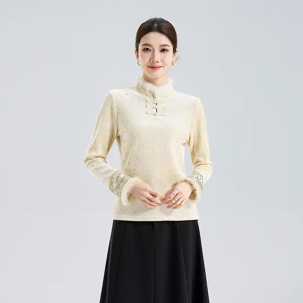 燕苹新冬款加绒保暖直襟加绒半开领气质国风长袖绣花打底衫CX2595