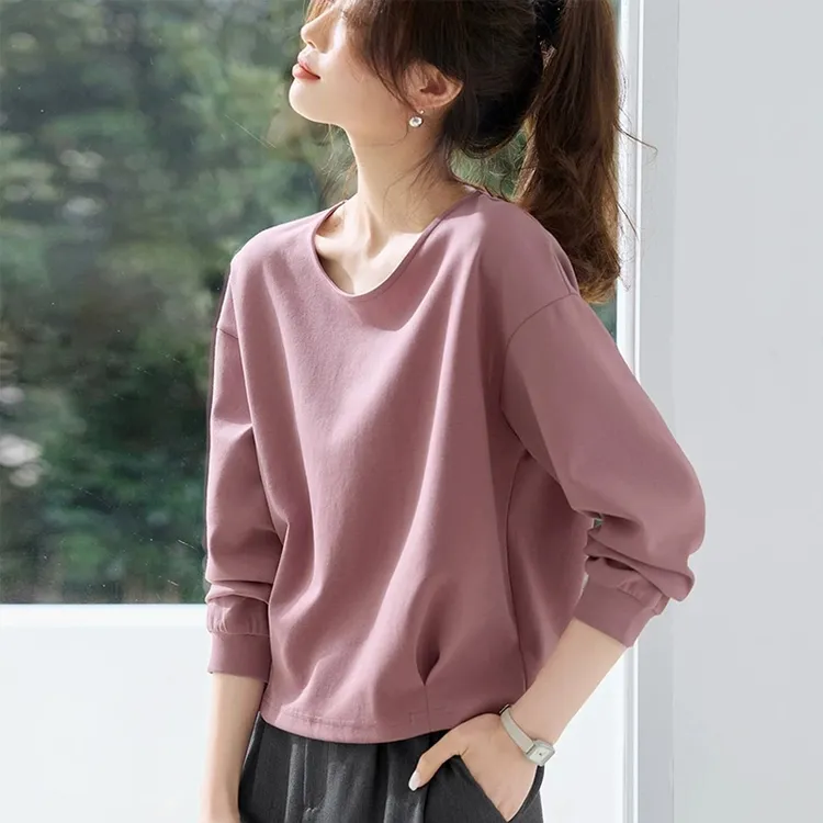 简约风长袖圆领卫衣女2025春秋新款休闲通勤宽松收腰显瘦短款上衣