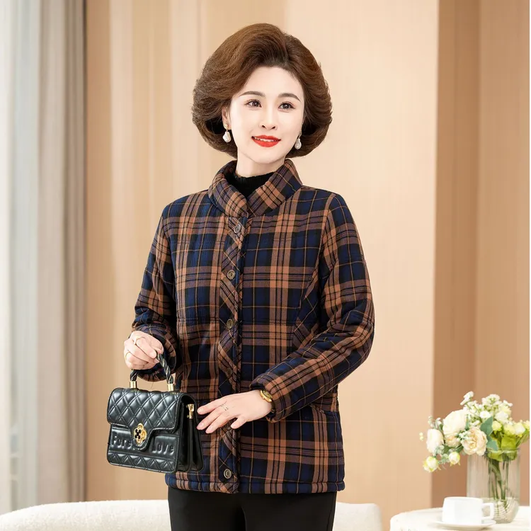 格子中老年女装格纹气质棉外套棉服秋冬妈妈装棉衣保暖加厚冬棉袄