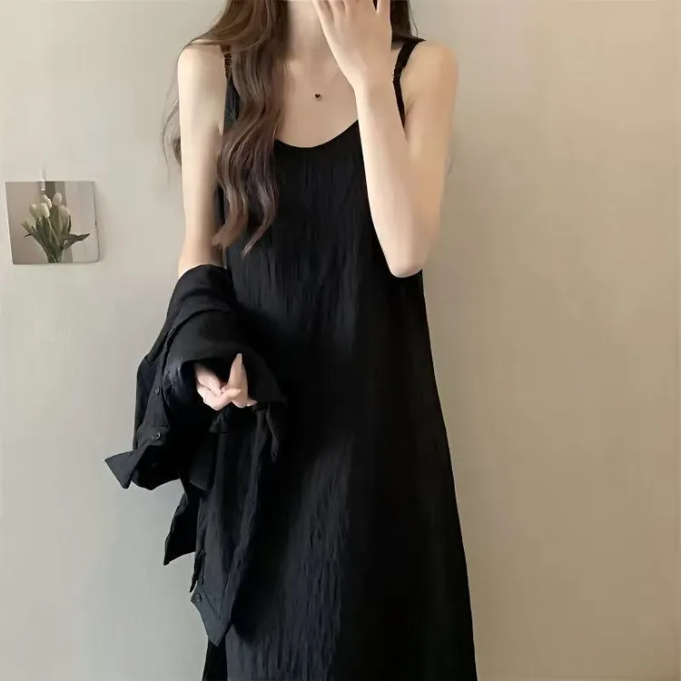 黑色吊带新款垂感显瘦长裙纯色睡裙可外穿连衣裙褶皱感长裙