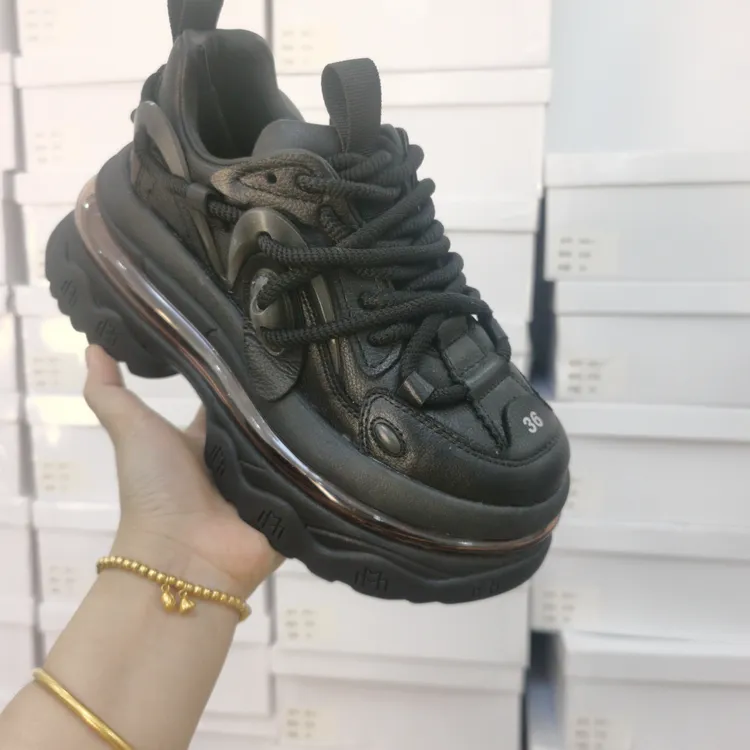 厚底真皮气垫休闲潮鞋不退不换特价品黑色牛皮百搭秋季系带时尚