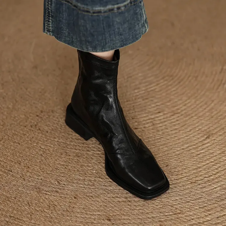 4cm软皮2025秋冬新款软皮短靴女粗跟百搭短筒英伦风切尔西瘦瘦靴
