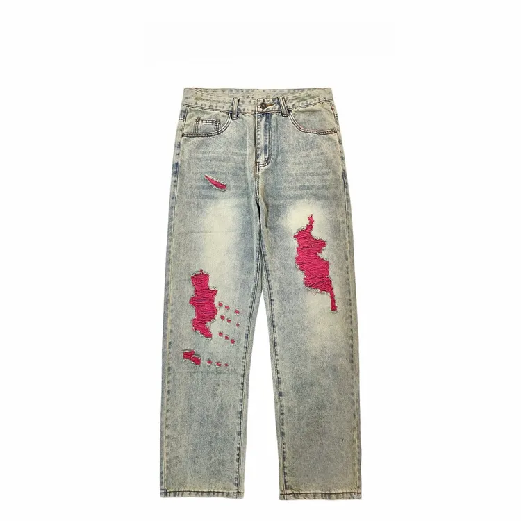 高端美式巴黎风闪电牛仔裤闪电破洞潮流牛仔裤夏季男宽松休闲百搭