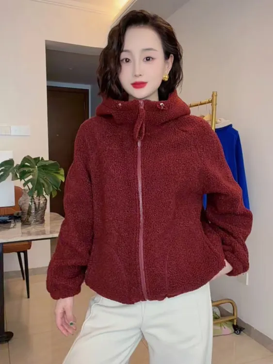 连帽女立领保暖加绒加厚款短外套上衣冬季宽松开衫颗粒绒