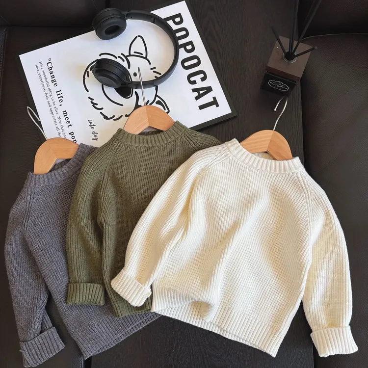 儿童针织毛衣打底衫秋冬季圆领套头加厚男女童宝宝纯色简约风百搭