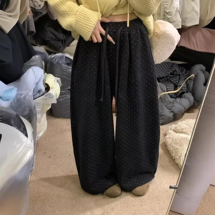 胖妹妹200斤大码波点加绒加厚运动卫裤女秋冬宽松休闲直筒阔腿裤