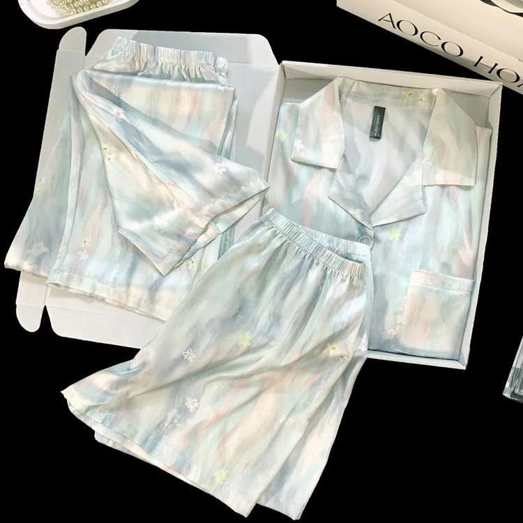 2025新款胸垫冰丝睡衣女夏季短袖短裤长裤三件套高级感奢华家居服