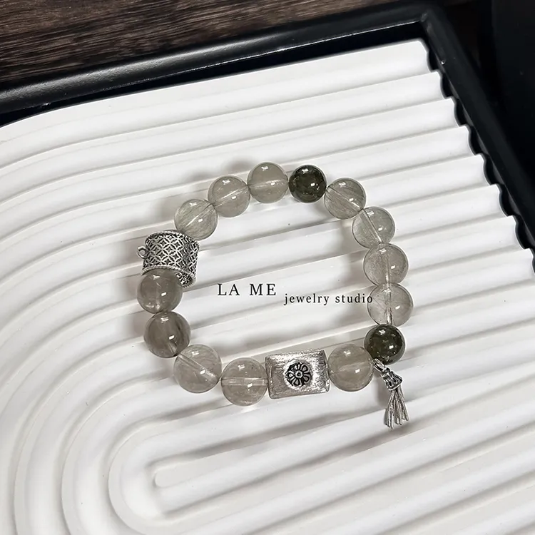 拉蜜原创天然绿发晶兔毛水晶手串女纯银新中式手链饰品送生日礼物