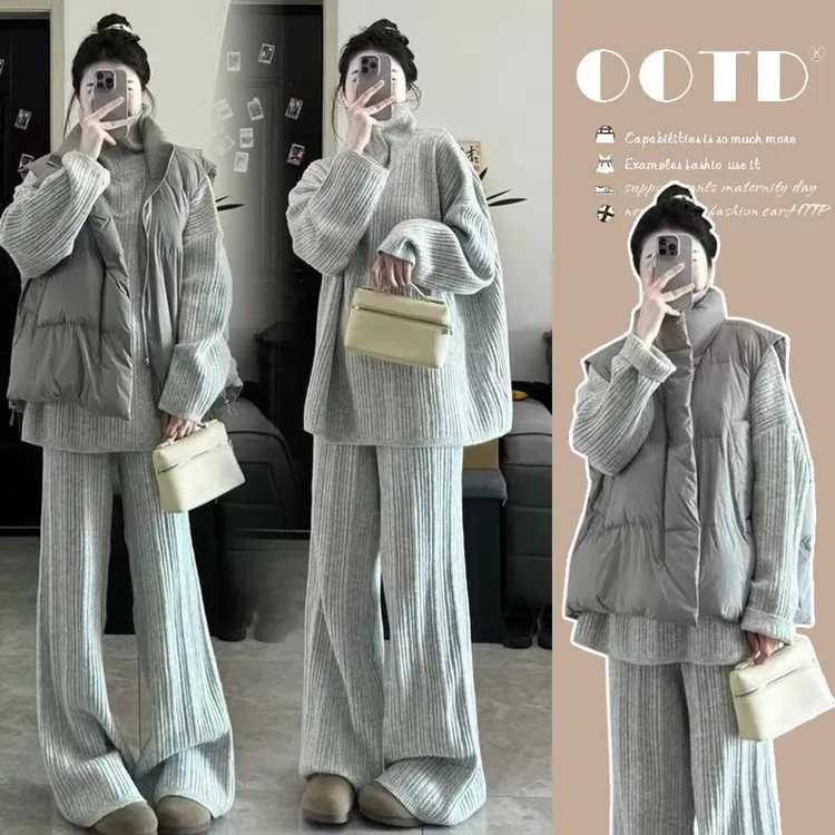 2025孕妇秋冬软糯亲肤方领毛衣休闲时宽松套装＋百搭休闲棉衣马甲