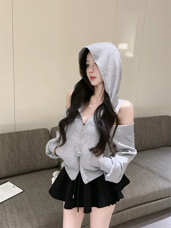 卫衣女款爆款2025新款正品灰色露肩卫衣长袖短款显瘦宽松