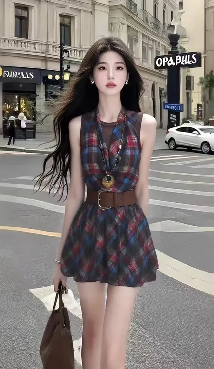 小清新纯欲风无袖不规则收腰系带撞色格子连衣裙女显瘦高级感女装