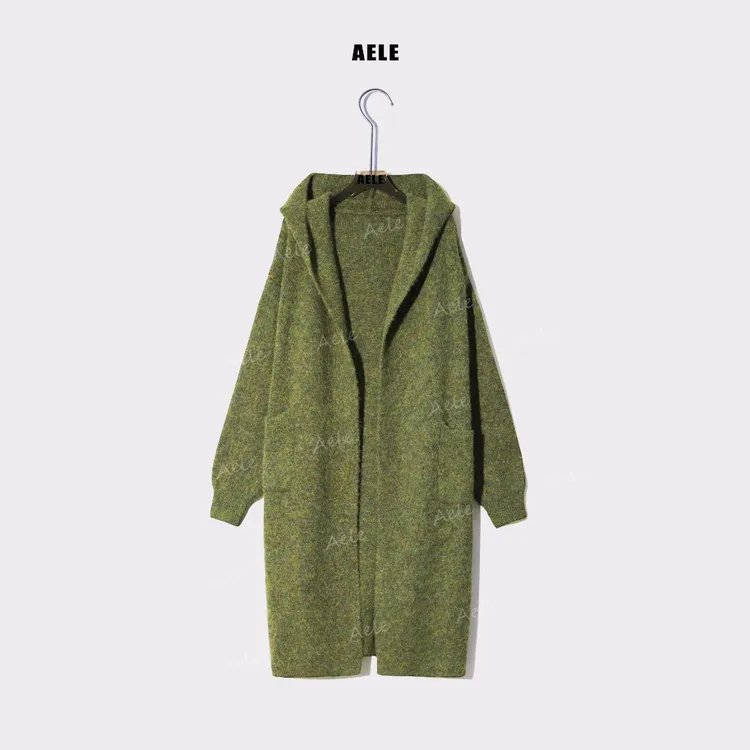 AELE【远山烟色】慵懒风中长款连帽高级感毛衣开衫外套X853 2391 AD