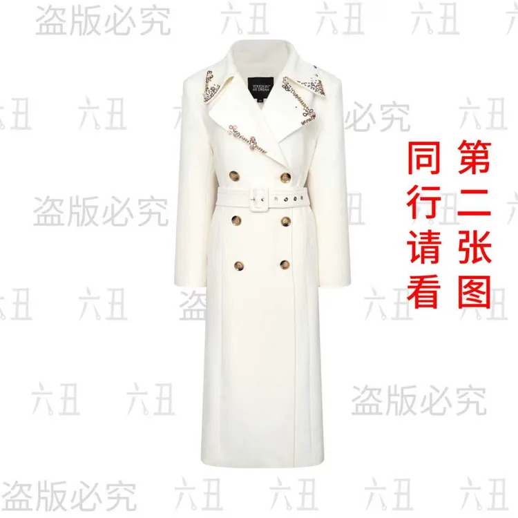六丑【高定大衣】新款时尚高级双排扣领口钉珠大衣510ADY0155