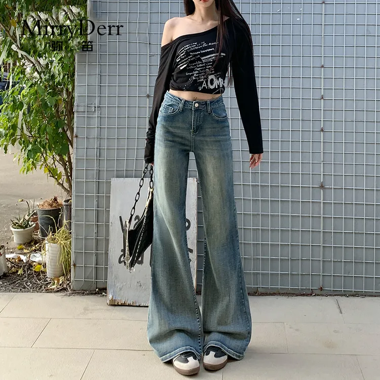 MirryDerr/弥笛复古微喇牛仔裤女2025秋季新款高腰显瘦修身喇叭裤