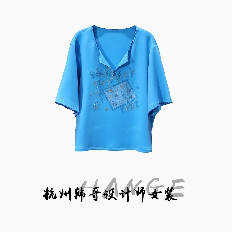 【韩哥女装】欧货小众设计孔雀蓝烫钻绣线休闲V领高克重短袖9519