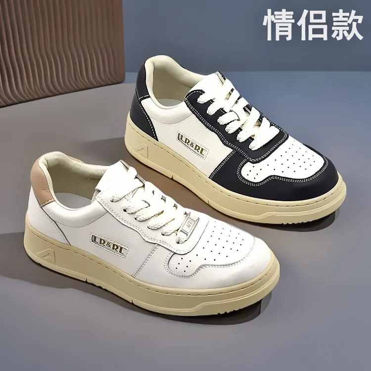 爆款真皮小白鞋圆头系带潮流休闲板鞋百搭情侣低帮女鞋运动鞋
