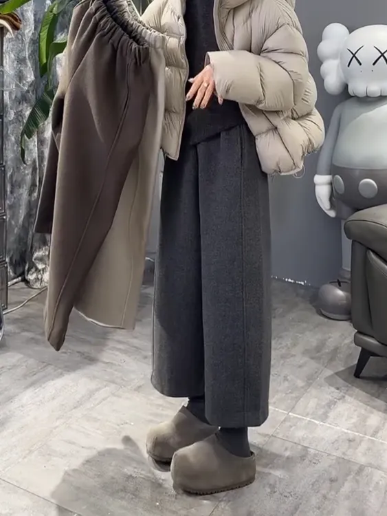 毛呢高腰加绒九分休闲裤女冬季大码胖mm宽松显瘦小个子百搭阔腿裤