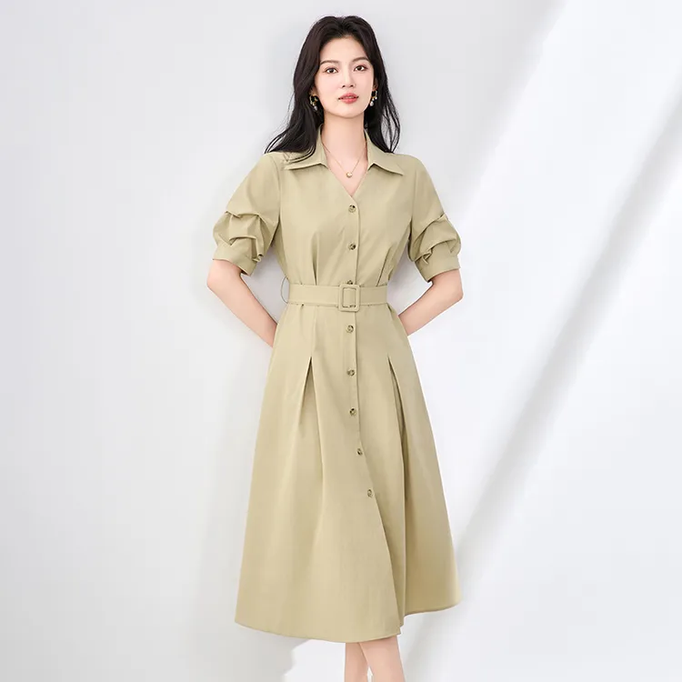 2507912-南油高货堆堆袖显瘦收腰衬衫式连衣裙通勤职业装翻领女装