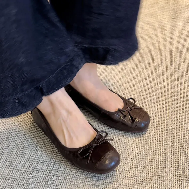 软羊皮~真皮法式复古蝴蝶结平底圆头浅口一脚蹬芭蕾单鞋女奶奶鞋