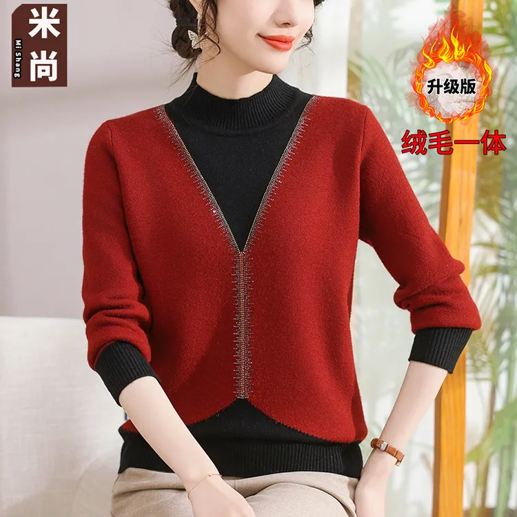 假两件针织衫毛衣秋冬季新款女士绒毛一体上衣妈妈烫钻气质打底衫