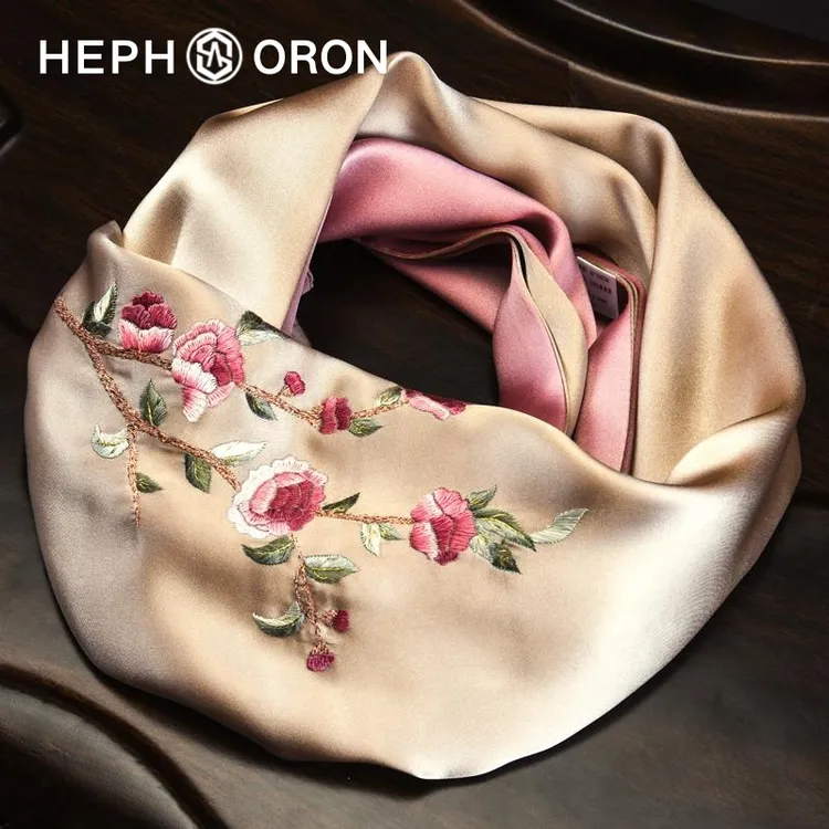 HEPHSORON苏绣丝巾礼盒送妈妈香槟粉色刺绣披肩桑蚕丝真丝围巾
