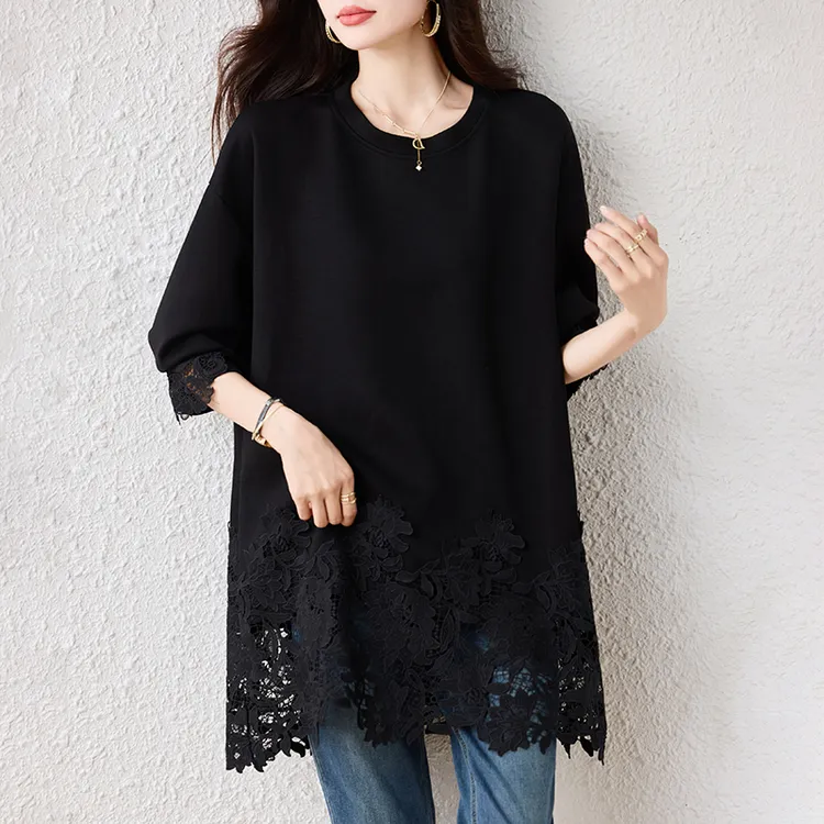 大码时尚长袖百搭蕾丝圆领上衣秋冬胖妹妹宽松显瘦遮肚子休闲卫衣