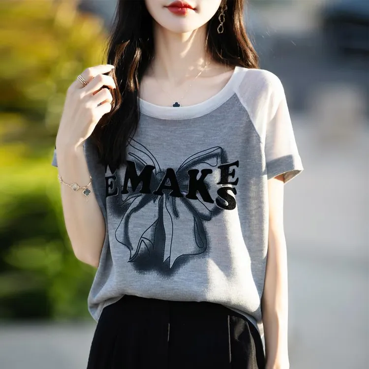 2025夏季新款女竹节麻冰丝拼色蝴蝶印花短袖t恤轻薄洋气别致上衣