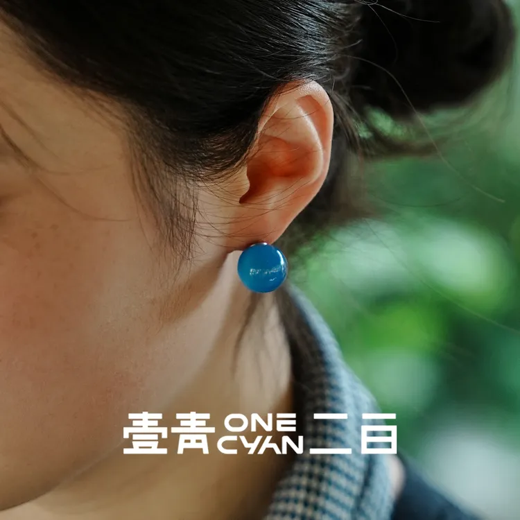925银耳饰 《雾珺》圆珠蓝色石头耳钉14mm蓝色小众耳环