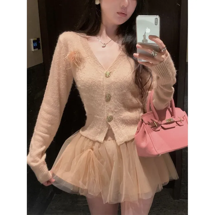 浪莎气质温柔V领马海毛开衫外套搭配网纱半身裙两件套女秋冬简约