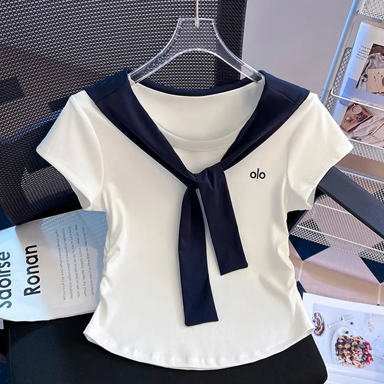 卡莲格/大码海军风披肩撞色圆领短袖T恤女夏季胖mm假两件显瘦上衣