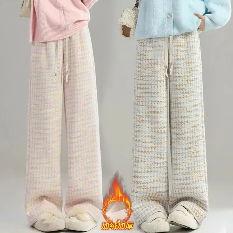女童加绒裤子秋冬款2025新款儿童一体绒格子裤冬季女孩大童阔腿裤