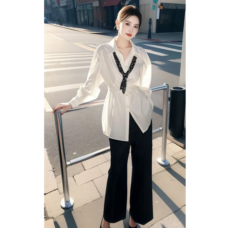2025春季辣妹风白色收腰长袖衬衫女洋气带领带气质衬衣上衣套装